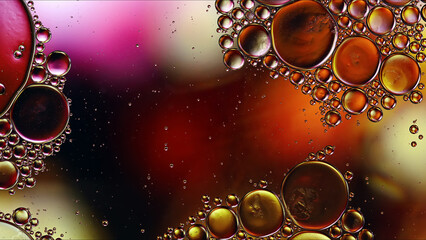 Abstract Colorful Food Oil Drops Bubbles and spheres Flowing on Water Surface