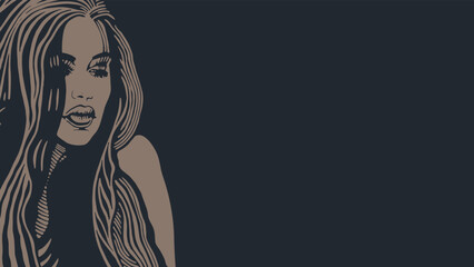 Woman face, engraved style. Light shape on a dark background. Vector illustration