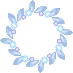 Fototapeta na wymiar 円形のフレーム　葉と小さい花のリース　青