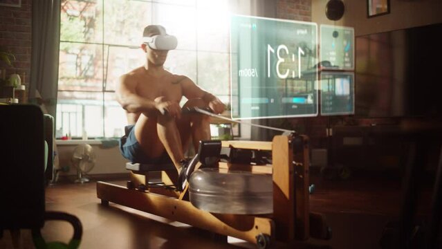 Virtual Reality Metaverse Futuristic Home Gym: Man Exercising on Row Machine Wearing Virtual Reality Headset, Infographics Show Health Care Statistics and Graphs. Sportsman Using VR Workout Service