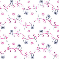 Ribbons with hanging locks, keys and kisses on a white background. Watercolor illustration. Seamless pattern from the VALENTINE'S DAY collection. For fabric, textiles, packaging paper, prints.