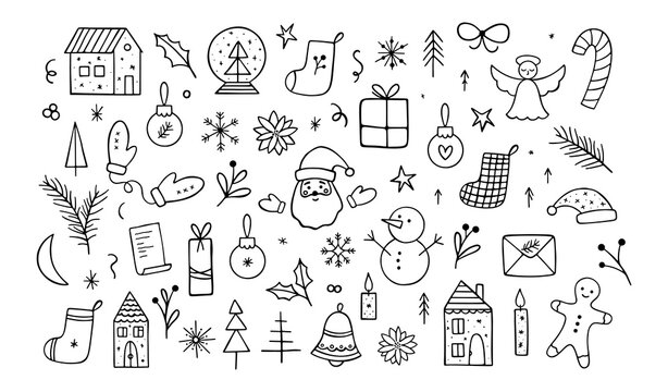 Huge collection of hand drawn vector Christmas festive elements. Outline holiday vector set. Santa Claus, gingerbread man, snowman, candy, Christmas trees, snowflakes, socks, houses, toys, angel