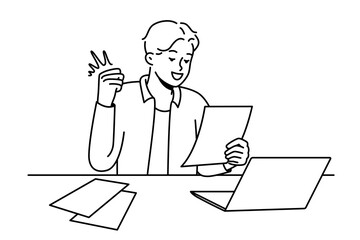 Smiling young man sit at desk work on computer excited with good news in letter. Happy guy celebrate promotion or win notification in paperwork. Vector illustration. 