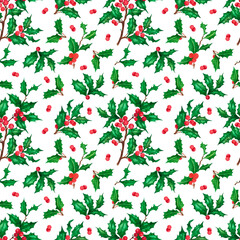 Hand drawn watercolor holly twig seamless pattern on white background. Christmass and New Year symbol, decorative element. Scrapbook, poster, textile, banner, post card.