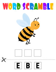 Bee Word scramble . Educational game for kids. English language spelling worksheet for preschool children.