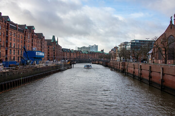 Pictures of the historic Hamburg warehouse district "Speicherstadt"with construction site