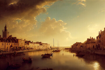 City with harbour ancient painting style - obrazy, fototapety, plakaty