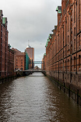 Pictures of the historic Hamburg warehouse district "Speicherstadt"with construction site