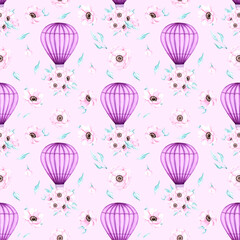 Watercolor purple hot air balloon with anemone flowers seamless pattern. Hand painted illustration on pink background. For design, prints, fabric or background.
