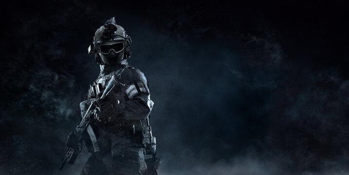 swat team soldier in fog scene background battlefield action with copy space