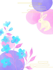 Watercolor bunny cute illustration Rabbit with  Flowers blossom orient asian bud petal branches Perfect for invitations