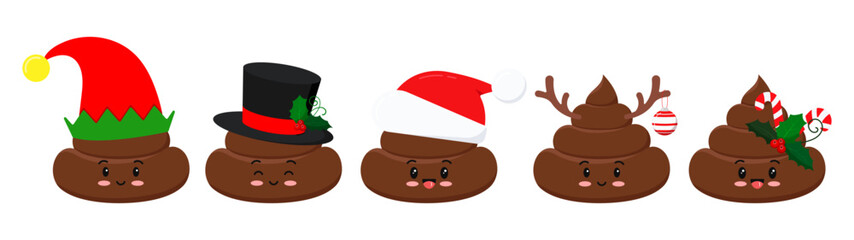 Christmas poop cute funny excrement character cartoon emoticon set.