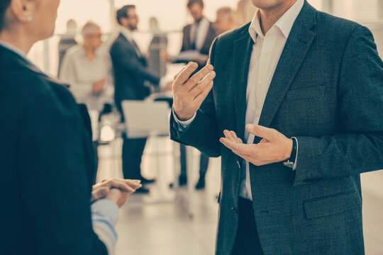 close up. two employees discussing work issues.