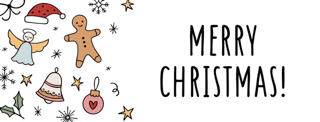 Merry Christmas web banner with hand drawn festive elements in cartoon style. Christmas background for holiday designs, posters, cards, headers or banners. Vector illustration. Celebration concept