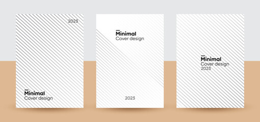 Fototapeta premium Set of three design templates with stripes. Abstract monochrome stripe texture background. Minimal grey lines pattern background for cover, retro and graphic effects. Vector, 2022-2023