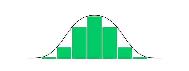 Bell shaped curve with different heights columns. Gaussian or normal distribution graph. Template for statistics or logistic data. Probability theory mathematical function - obrazy, fototapety, plakaty