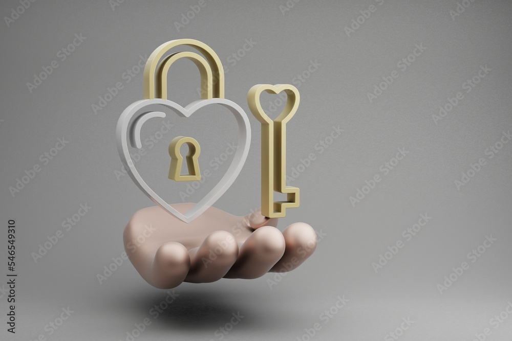 Poster beautiful abstract illustrations golden hand holding heart padlock symbol icon on a gray background.