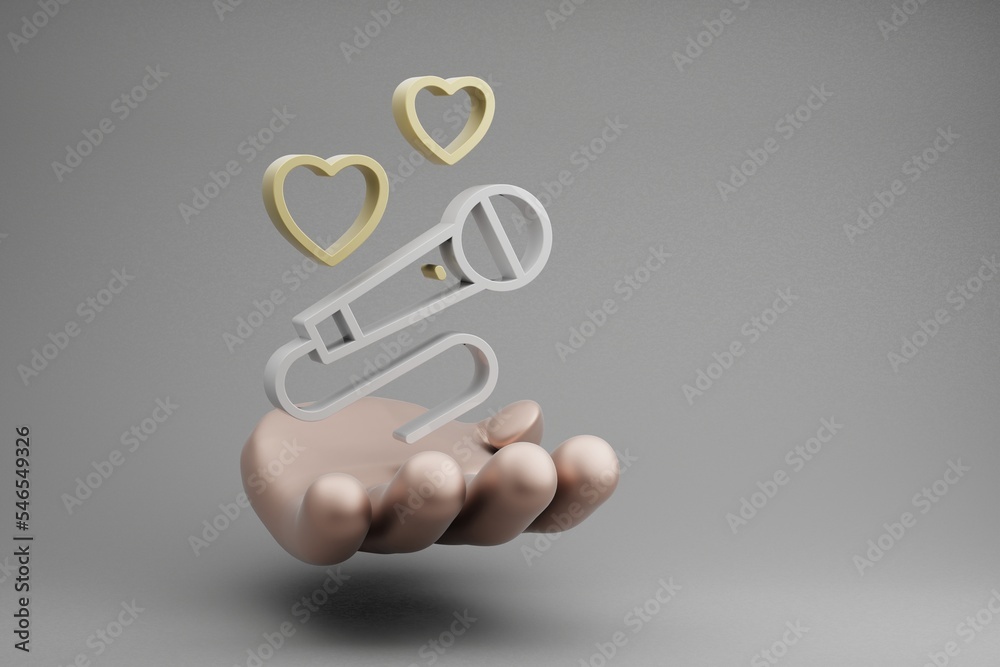 Poster beautiful abstract illustrations golden hand holding microphone with heart symbol icon on a gray bac
