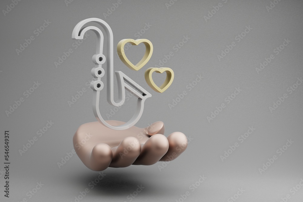 Poster beautiful abstract illustrations golden hand holding saxophone with heart symbol icon on a gray back