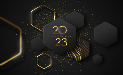 Happy New Year 2023 gold black luxury 3d glitter greeting card