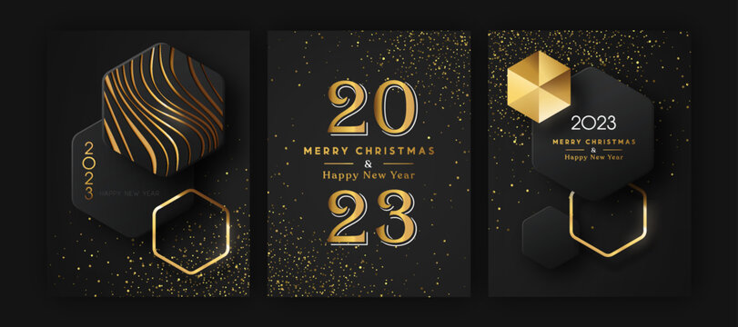 Christmas New Year 2023 3d gold black modern card set