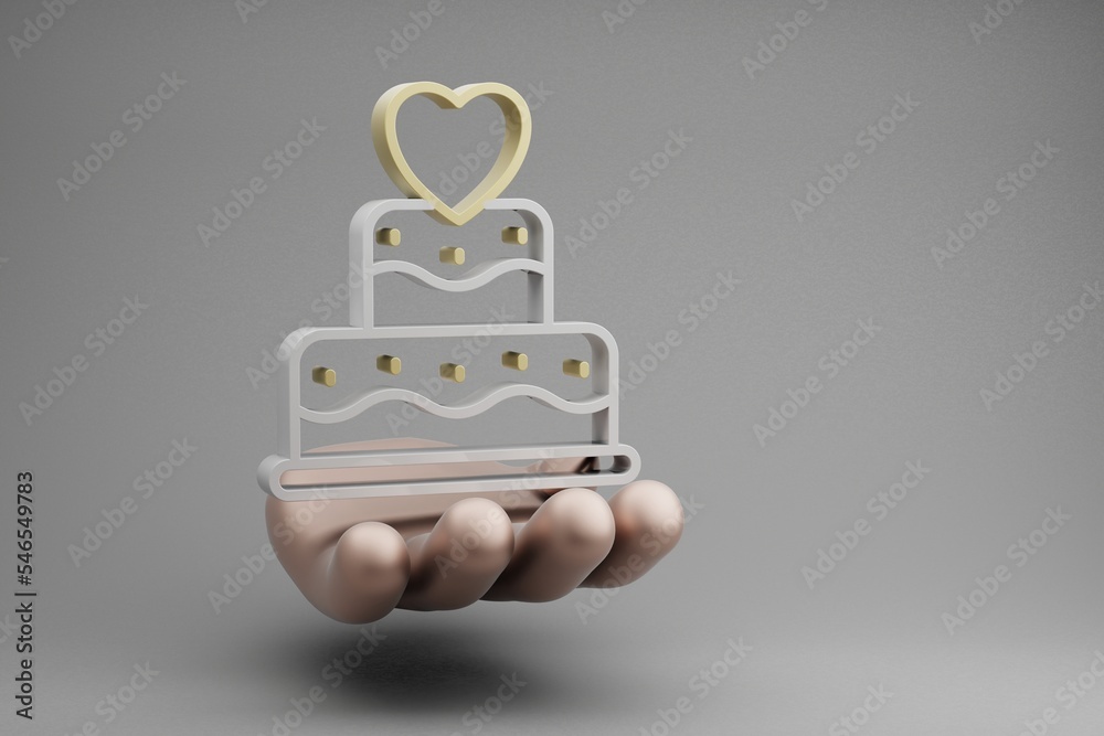 Poster beautiful abstract illustrations golden hand holding wedding cake with heart symbol icon on a gray b