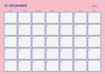 December 2022 simple design digital and printable calendar template illustration. Notes, scheduler, diary, calendar, memo, planner document template background. 