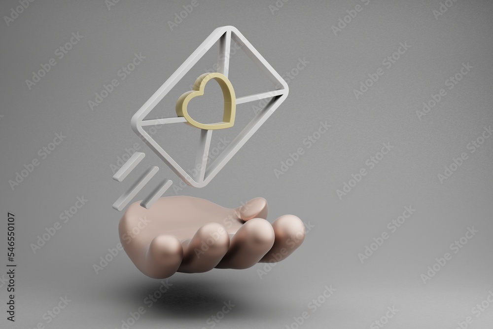 Poster beautiful abstract illustrations golden hand holding invitation with heart symbol icon on a gray bac
