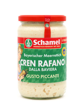 ROME, ITALY - NOVEMBER 16, 2022. Jar of Cren Rafano Schamel isolated on white background. For more than 150 years the Schamel family have been passing on the secret of finest horseradish products.