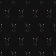 Doodle rabbit pattern with a scarf. Hare in doodle style. Drawn rabbit pattern for backgrounds, wallpapers, fabrics, wrapping paper, textiles.