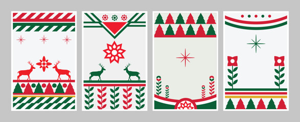 Winter Holiday cards. Christmas templates with decorative Tree, reindeer, ornament, floral background, and frame