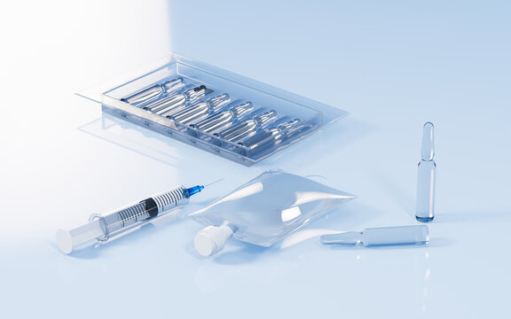 Infusion bag and injection syringe in the blue background, 3d rendering.