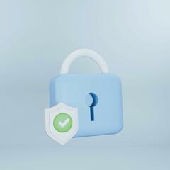 3D blue padlock, locked and unlock icon with checklist on blue background. 3D render illustrator.