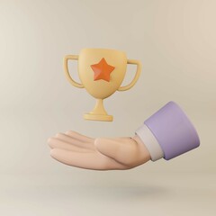 3D hand with gold trophy cup. Bonus, prized, reward, achice and winner concept.3D render illustrator.