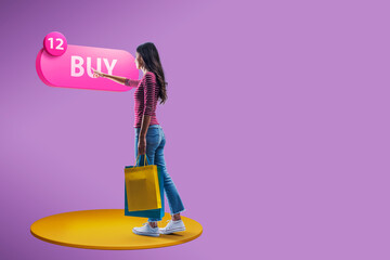 Woman shopping and pressing buy button