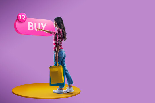 Woman shopping and pressing buy button