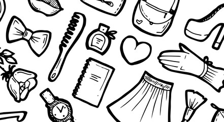 Women goods in glamorous boutique. Miscellaneous items. Shop for girls. Fashion clothes, cosmetics and accessories. Outline hand drawn sketch. Drawing with ink. Isolated on white background. Vector.