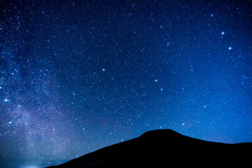 明け方の星空と山　天の川　北極星　八丈富士