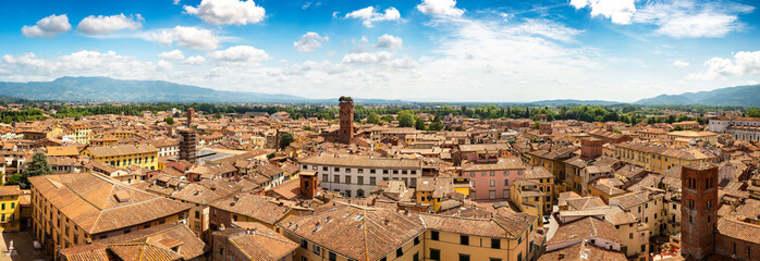 Panorama of the city of Lucca, Tuscany, Italy with tree on tower (Torre Guinigi)