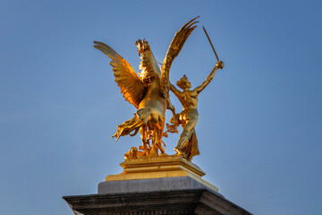 Architectural details of the Pont Alexandre III bridge over the Seine river, Paris. France