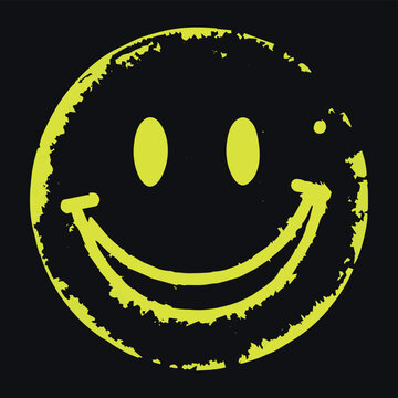 Smiley grunge isolated spray paint vector illustration. Splash paint emoticon face design. Happy artistic emotion. Cool emoji. Dirty street art symbol. Gunny cartoon element. Yellow face expression.
