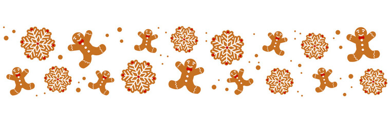 Christmas background with gingerbread men and snowflakes.Seasonal greeting card template	
