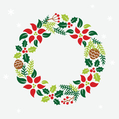 Christmas wreath with holly, poinsettia and pine leaves
