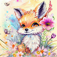 Cute fox. Woodland forest animal. Poster for baby room. Childish print for nursery. Design can be used for fashion t-shirt, greeting card