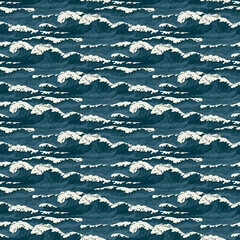 Vector seamless pattern with hand-drawn waves in retro style. Decorative repeating illustration of sea or ocean, blue storm waves with breakers of seafoam