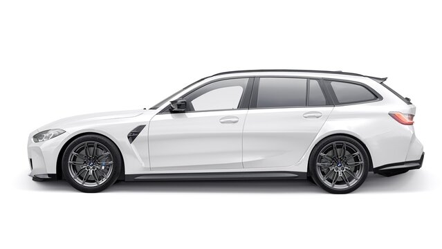 Berlin. Germany. November 16, 2022. BMW M3 Touring 2022. White sports wagon for family and adventure. 3d illustration.