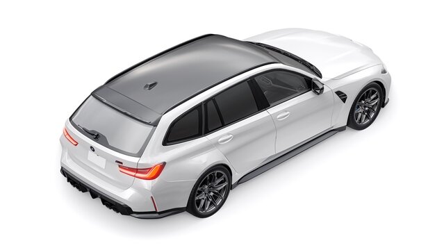 Berlin. Germany. November 16, 2022. BMW M3 Touring 2022. White sports wagon for family and adventure. 3d illustration.