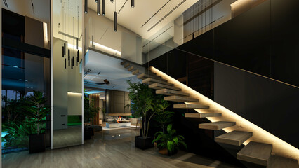 3d rendering of modern cozy interior with living,dining zone stair and kitchen for sale or rent with wood plank by the sea in night. Warm interior lighting combined with cold light from night street