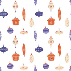 Christmas seamless pattern with vintage baubles and ornaments. Xmas holiday toys repeating print. New year retro background. Color flat vector illustration for textile, wrapping paper, decoration