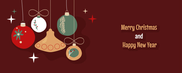 Naklejka premium Happy Holidays modern banner design with Christmas decorations. Xmas retro background. Vector flat illustration